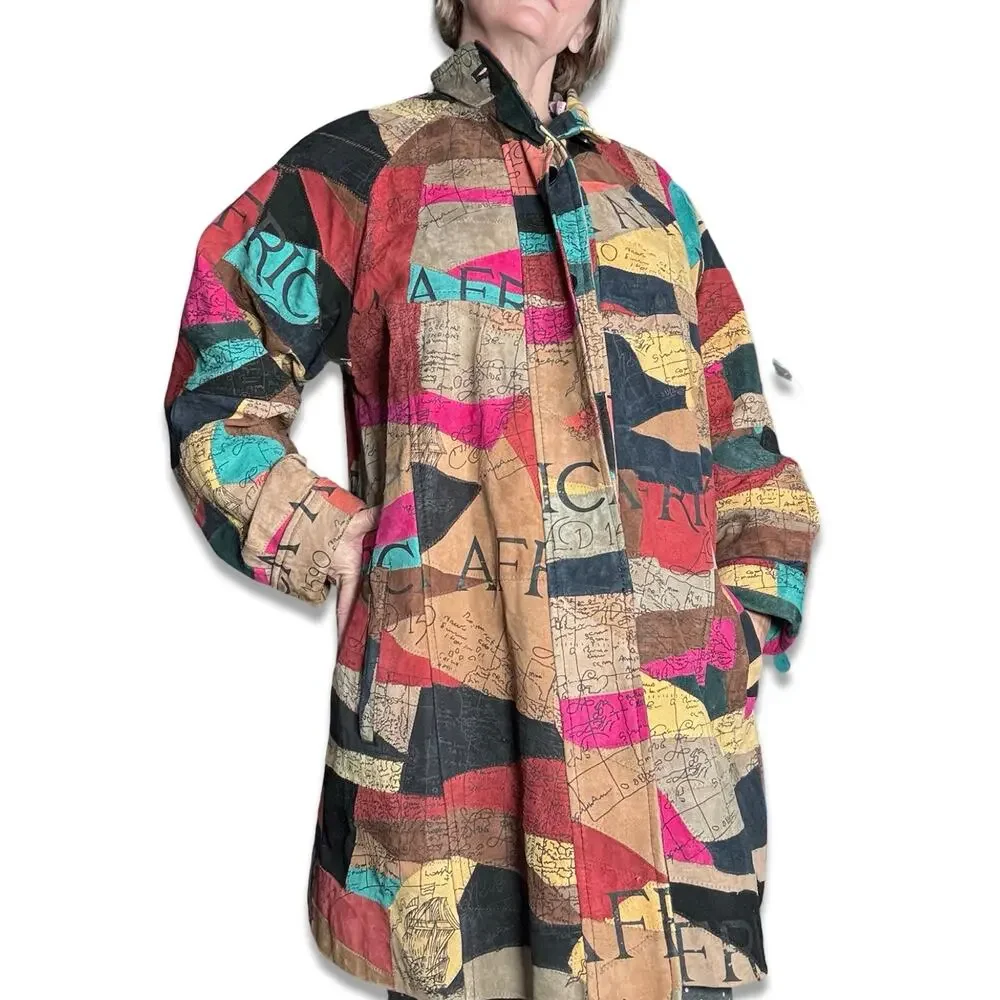Vintage African Star Suede Leather Coat Map Print Oversized Long Jacket Boho - Picture 7 of 15